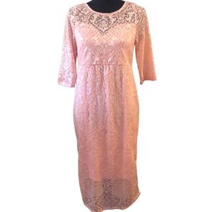 MY BUMP MATERNITY MIDI THREE QUARTER SLEEVE LACE COVERED DRESS BABY PINK SIZE M
